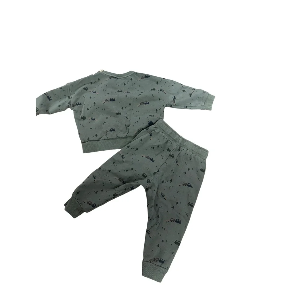 Müsli by Green Cotton Baby Boys Girls Green Bus Print Sweatshirt Pants‎ Set 6-9M - Picture 2 of 3